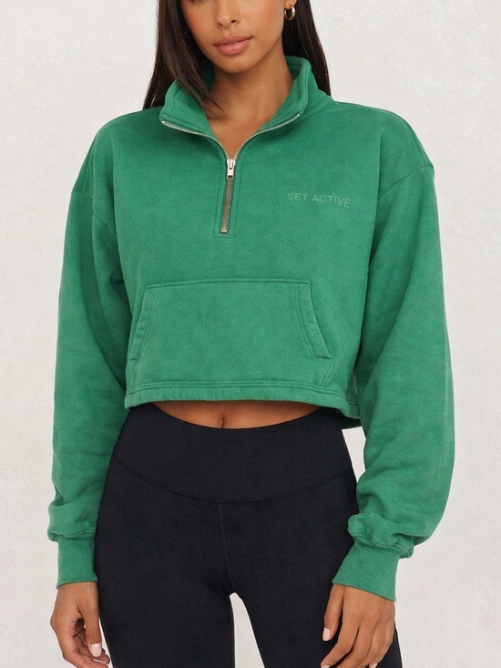 SET Active Sweaters - SET ACTIVE Green Cropped Half Zip Sweatshirt S Oversized French Terry Pullover